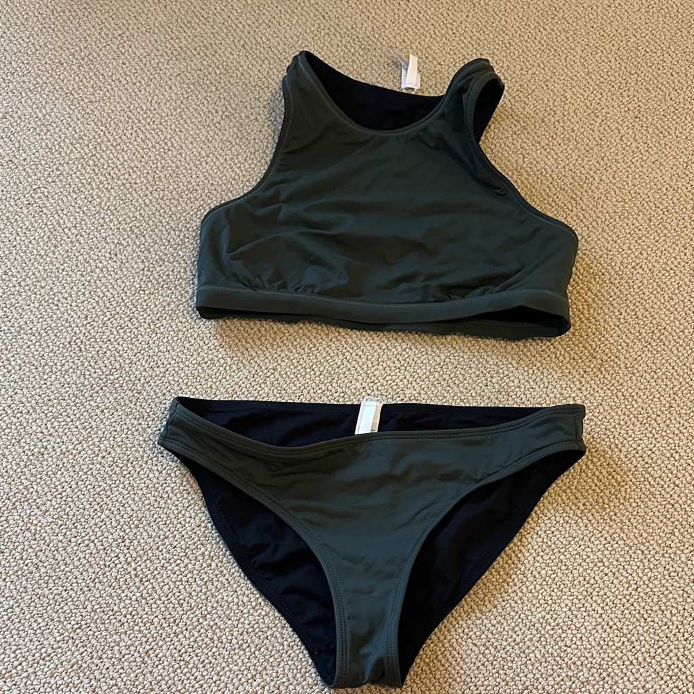 Athleta Olive Green and Black Reversible High Neck Bikini Set